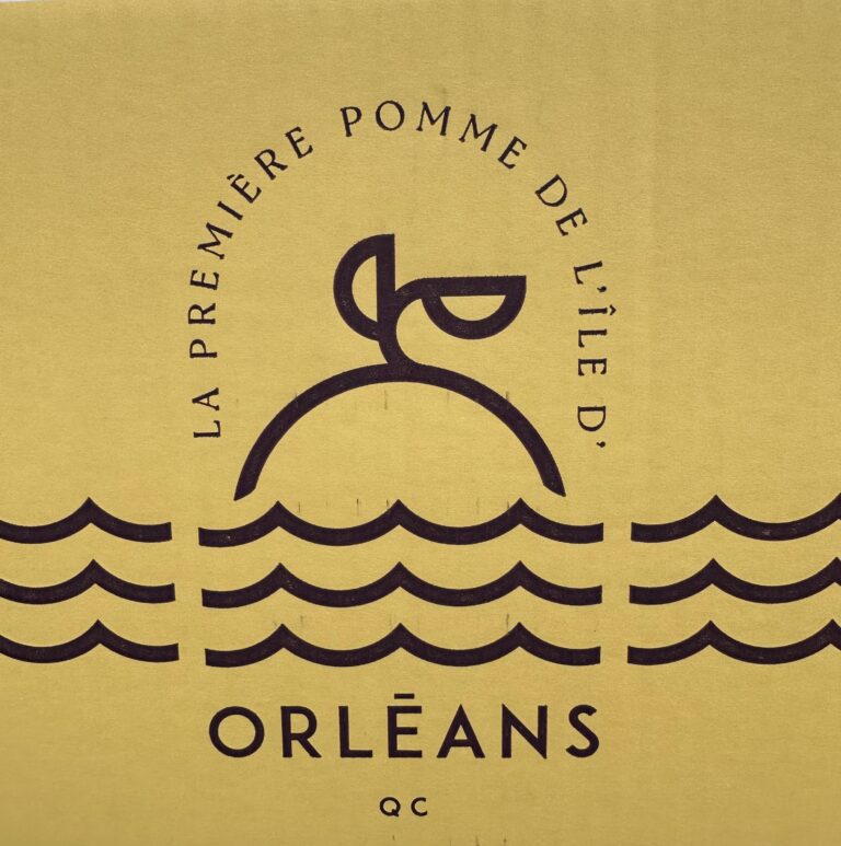 L'image montre un logo minimaliste sur un fond jaune. Ce logo représente une pomme stylisée, dont une feuille et un fruit esquissés forment le sommet d'une colline. Sous cette colline, des lignes ondulées évoquent l'eau, symbolisant probablement les environs de l'île d'Orléans. Le texte entourant le logo indique : "La première pomme de l'île d'Orléans", et en dessous, il est écrit : "ORLÉANS QC".