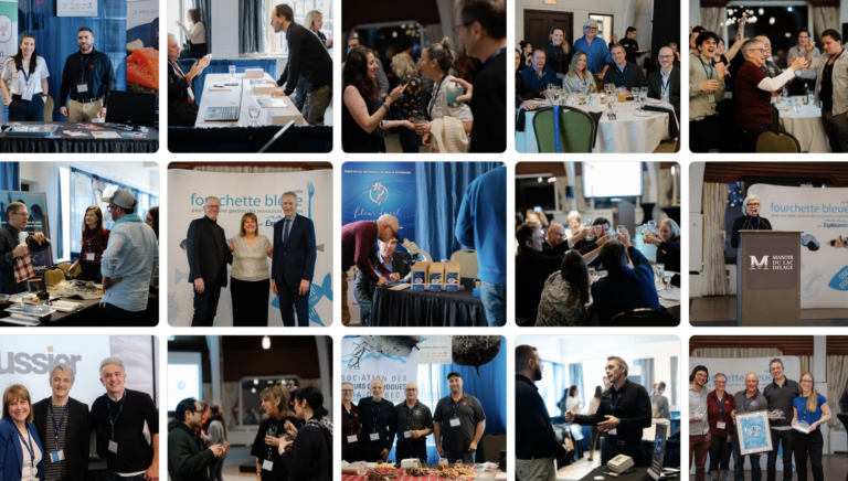 La photo est une mosaïque d'images capturant un événement professionnel axé sur l'alimentation et les ressources maritimes, organisé par Fourchette Bleue au Manoir du Lac Delage. On y voit des exposants présentant leurs produits, des discussions entre professionnels, des dégustations, des moments de convivialité autour de tables et des interventions sur scène. L'ambiance est dynamique et chaleureuse, mettant en avant le partage et la valorisation des produits locaux.