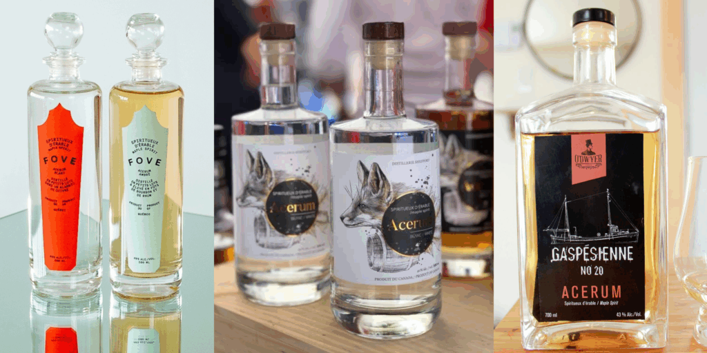 trois expressions distinctes de l’Acerum, cette eau-de-vie d’érable 100 % québécoise, récemment reconnue par une Indication Géographique Protégée (IGP). À gauche, deux élégantes bouteilles signées Fove se démarquent par leur design épuré et contemporain, avec une étiquette colorée en rouge pour la version blanche et en crème pour la version ambrée. Leur présentation soignée évoque le raffinement de la distillation artisanale. Au centre, les bouteilles de la Distillerie Shefford affichent une illustration artistique d’un renard accompagnée d’une étiquette noire et dorée, soulignant l’identité visuelle forte de la marque et l’ancrage québécois du produit. À droite, la Distillerie O’Dwyer met de l’avant son Acerum "Gaspésienne No 20", dont l’étiquette noire illustre un bateau de pêche stylisé, clin d’œil à l’héritage maritime de la Gaspésie. La teinte dorée de l’Acerum contraste joliment avec la bouteille angulaire, évoquant un caractère plus robuste et vieilli.
