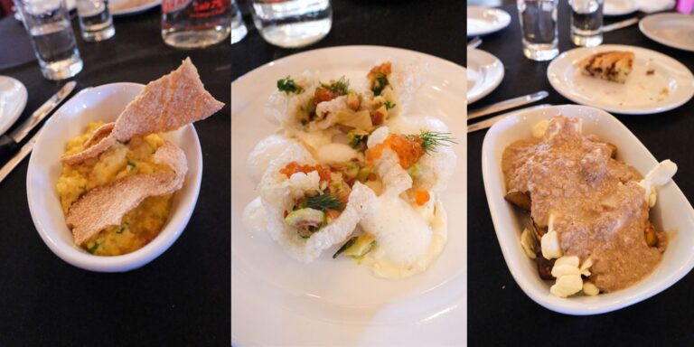 Montage de trois plats gastronomiques servis sur une nappe noire: à gauche, une purée onctueuse d'oeufs garnie de croustilles fines et dorées ; au centre, un plat créatif composé de croustillants légers garnis d'œufs de poisson orange vif, d'herbes fraîches et d'une mousse blanche aérienne ; à droite, une poutine généreusement nappée d'une sauce crémeuse de cretons, accompagnée de fromage en grains.