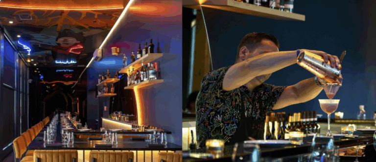 La photo est divisée en deux images qui capturent l’ambiance sophistiquée et contemporaine du restaurant Lueur, à Québec.