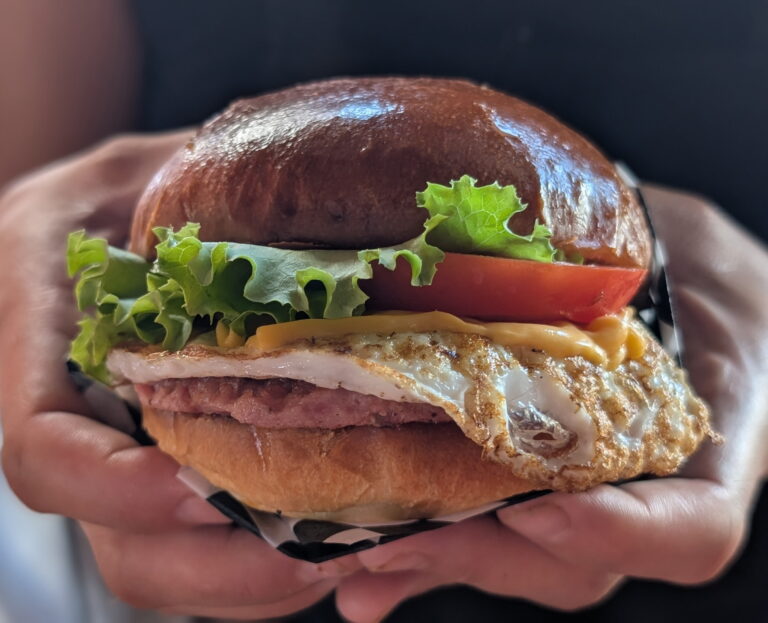 Un sandwich déjeuner généreux tenu à deux mains. Le pain brioché luisant et bien doré encadre des couches nettes et appétissantes. Le contraste entre la brillance du pain, le fondant du fromage et le croustillant de l’œuf donne un visuel irrésistible, accentué par la prise de vue en gros plan qui met toute la générosité du sandwich au premier plan.