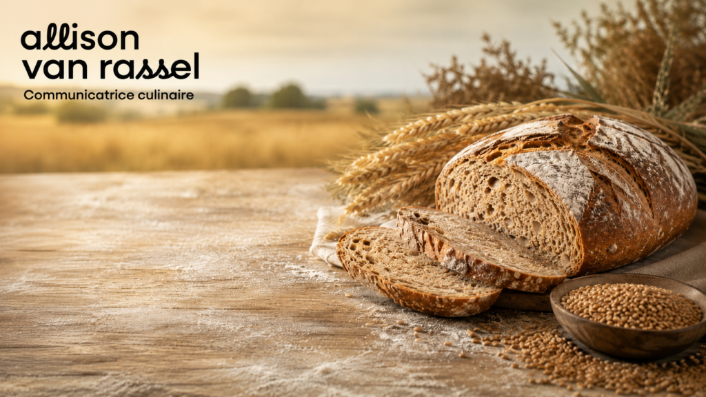 Image d’en-tête montrant un pain artisanal aux grains locaux, partiellement tranché, entouré d’épis de blé, de grains et de farine sur une table en bois, avec le logo Allison Van Rassel dans le coin supérieur gauche.