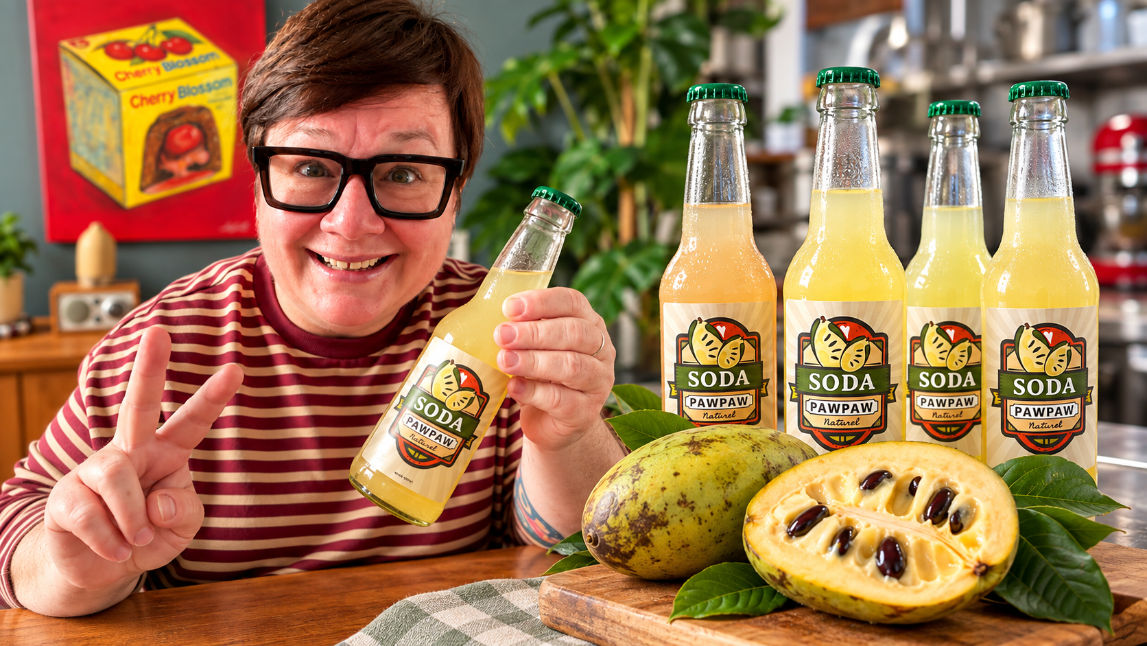 Allison sourit à la caméra en tenant une bouteille de soda au pawpaw. À ses côtés, plusieurs bouteilles du même soda sont disposées avec un pawpaw entier et un fruit coupé en deux, révélant sa chair jaune crémeuse et ses graines foncées.